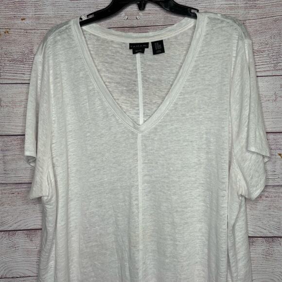 Tahari 100% Linen Short Sleeve V Neckline White Knit Top Tee Shirt Size 2XL - Picture 3 of 6